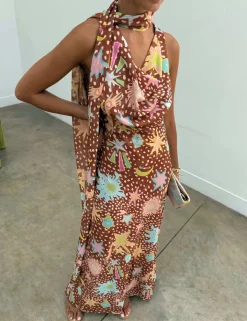 Star Print Cowl Neck Maxi Column Dress