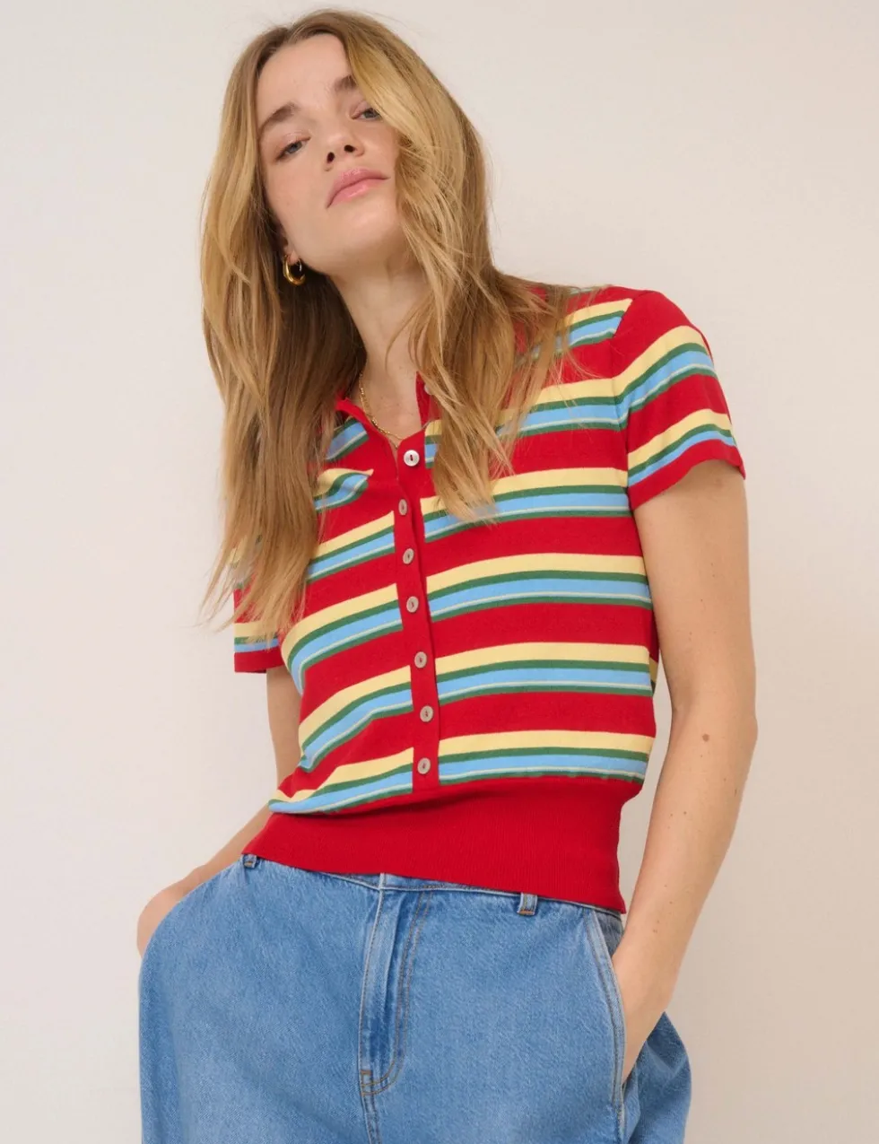 Striped Collared Button Through Knitted Top