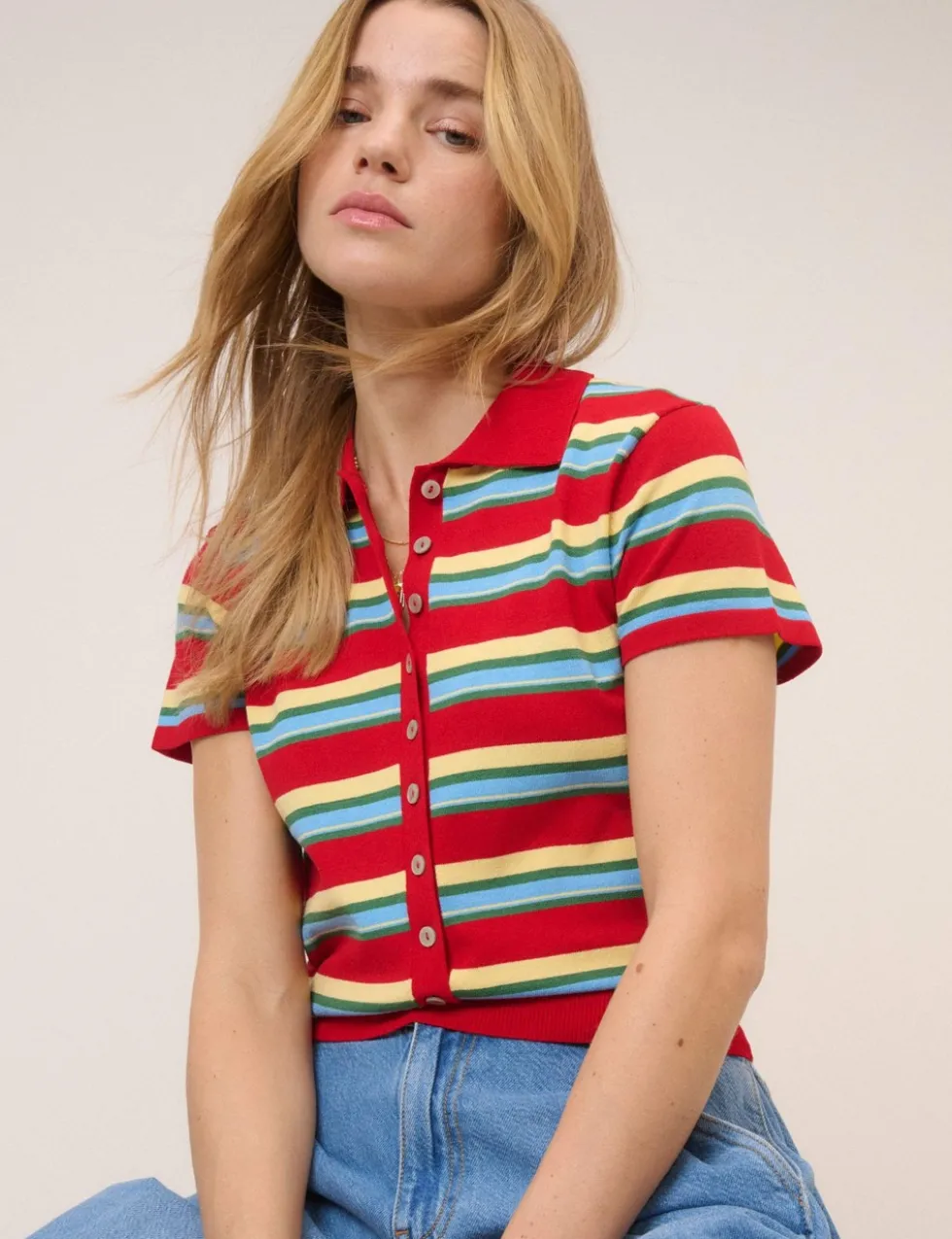 Striped Collared Button Through Knitted Top