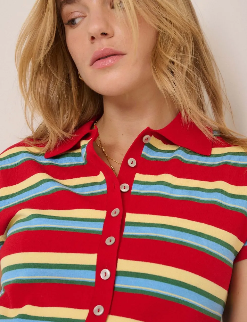 Striped Collared Button Through Knitted Top