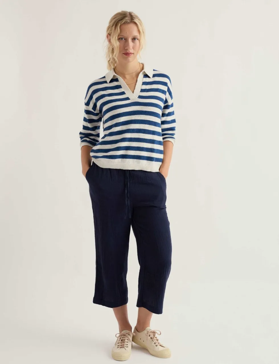 Striped Collared Relaxed Jumper with Linen