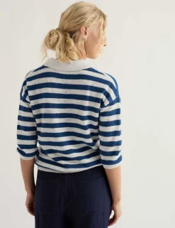 Striped Collared Relaxed Jumper with Linen