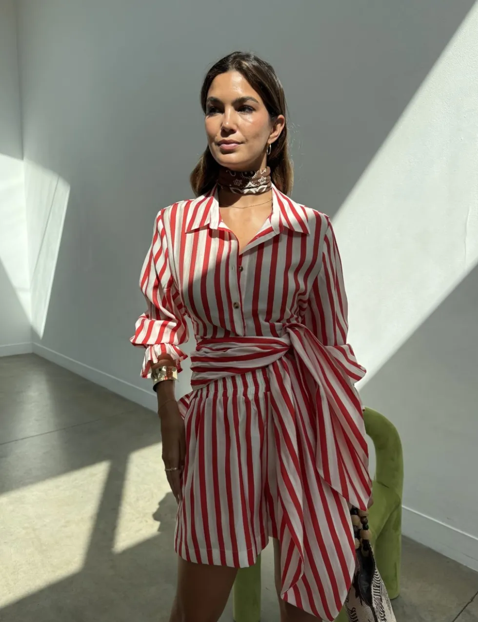 Striped Collared Tie Detail Shirt