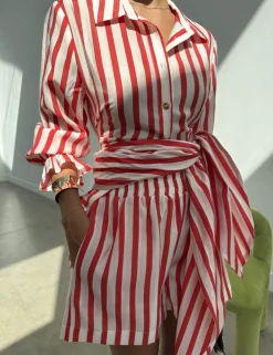 Striped Collared Tie Detail Shirt