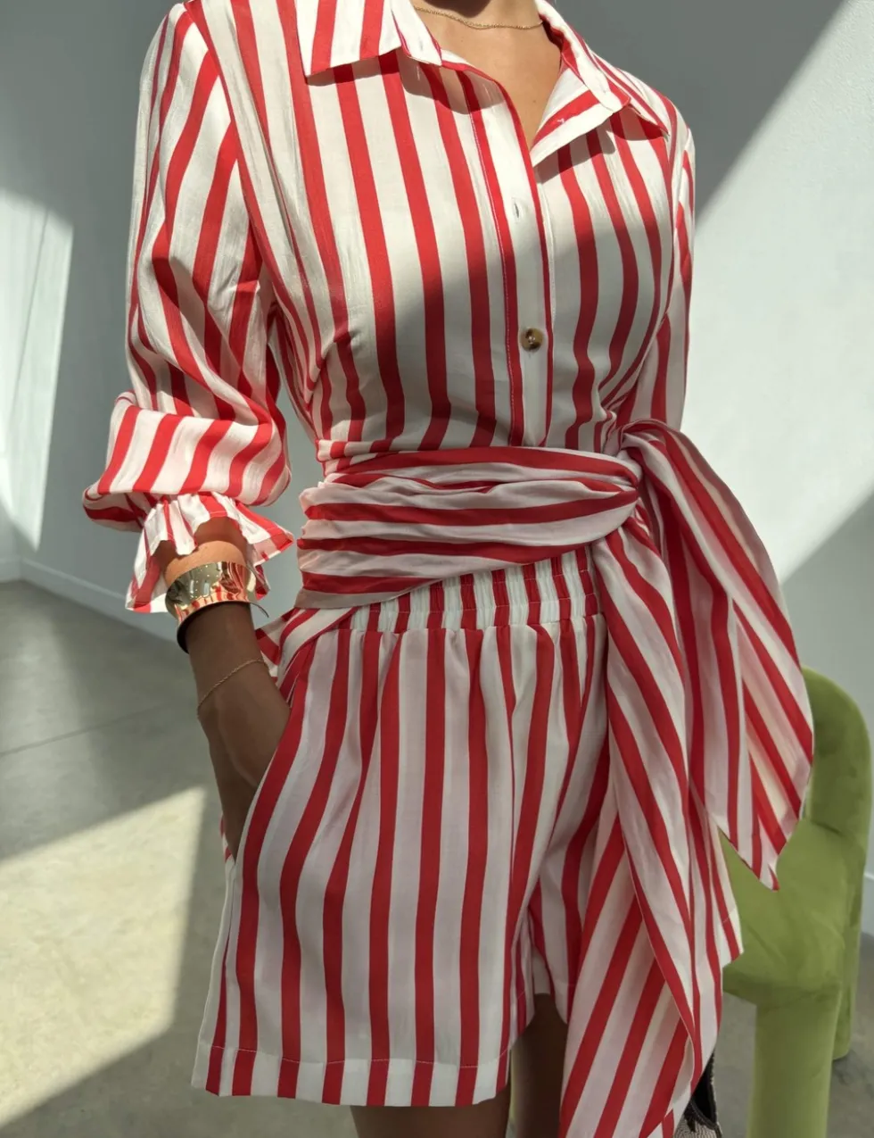 Striped Collared Tie Detail Shirt