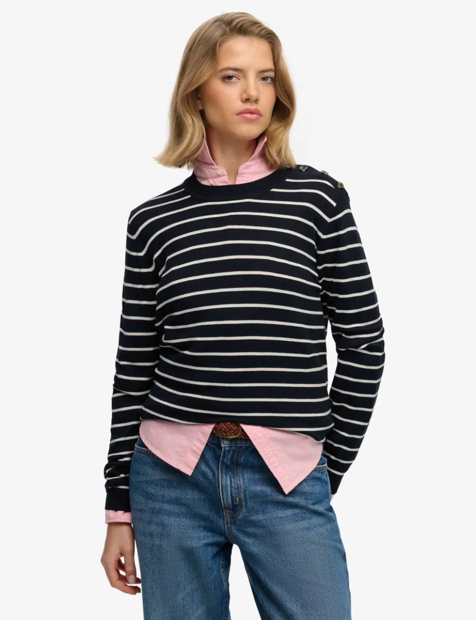 Striped Crew Neck Button Detail Jumper