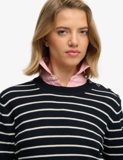 Striped Crew Neck Button Detail Jumper