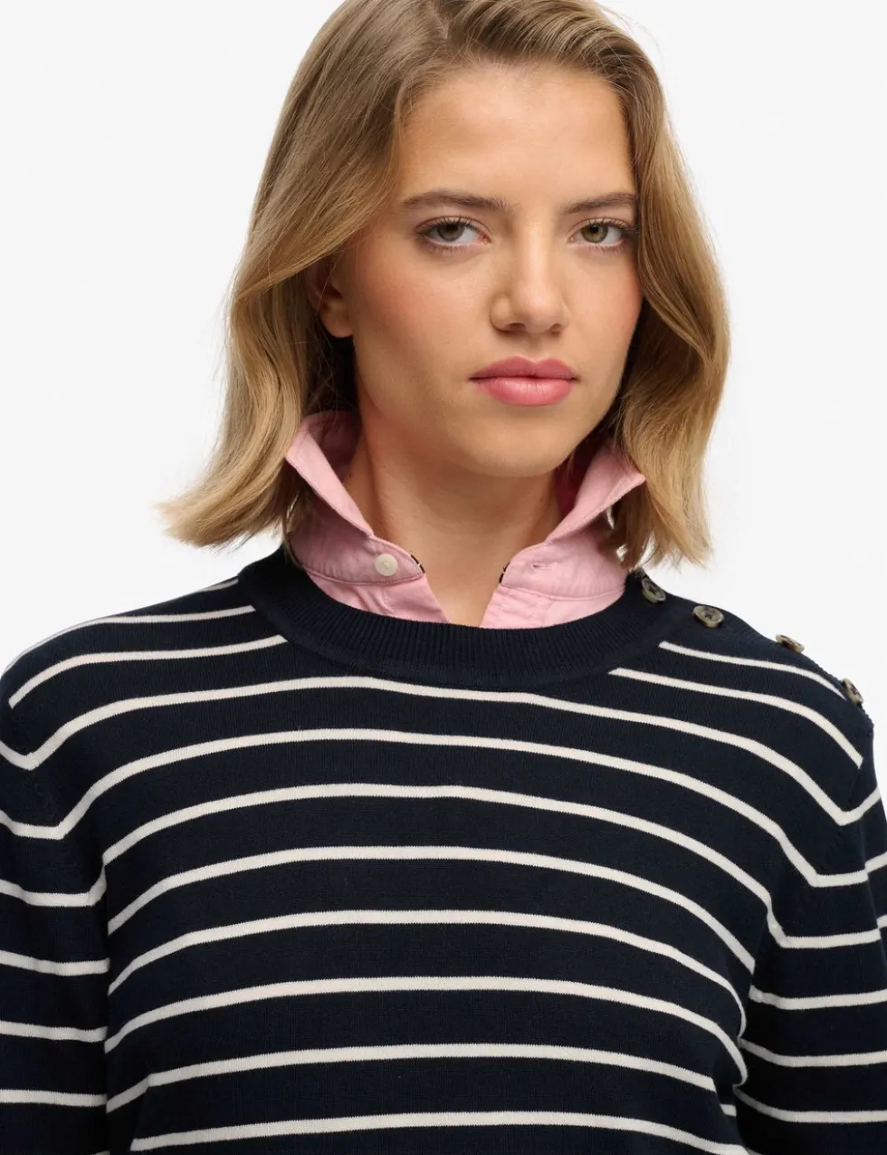 Striped Crew Neck Button Detail Jumper