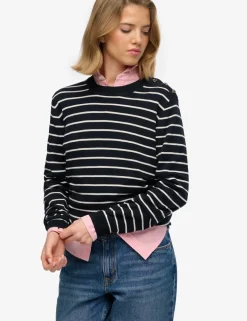 Striped Crew Neck Button Detail Jumper