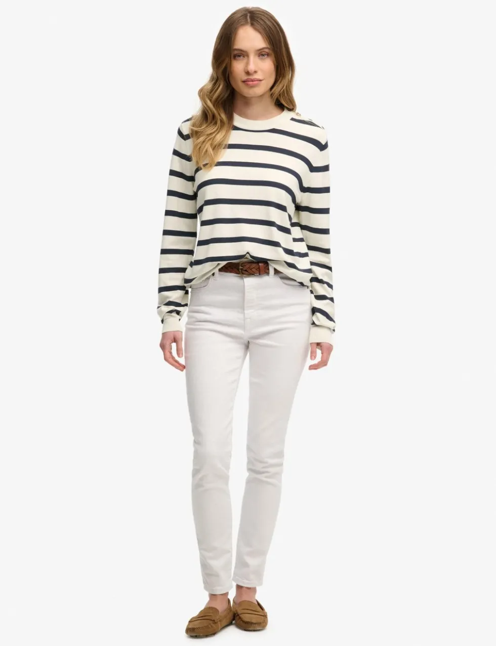 Striped Crew Neck Button Detail Jumper