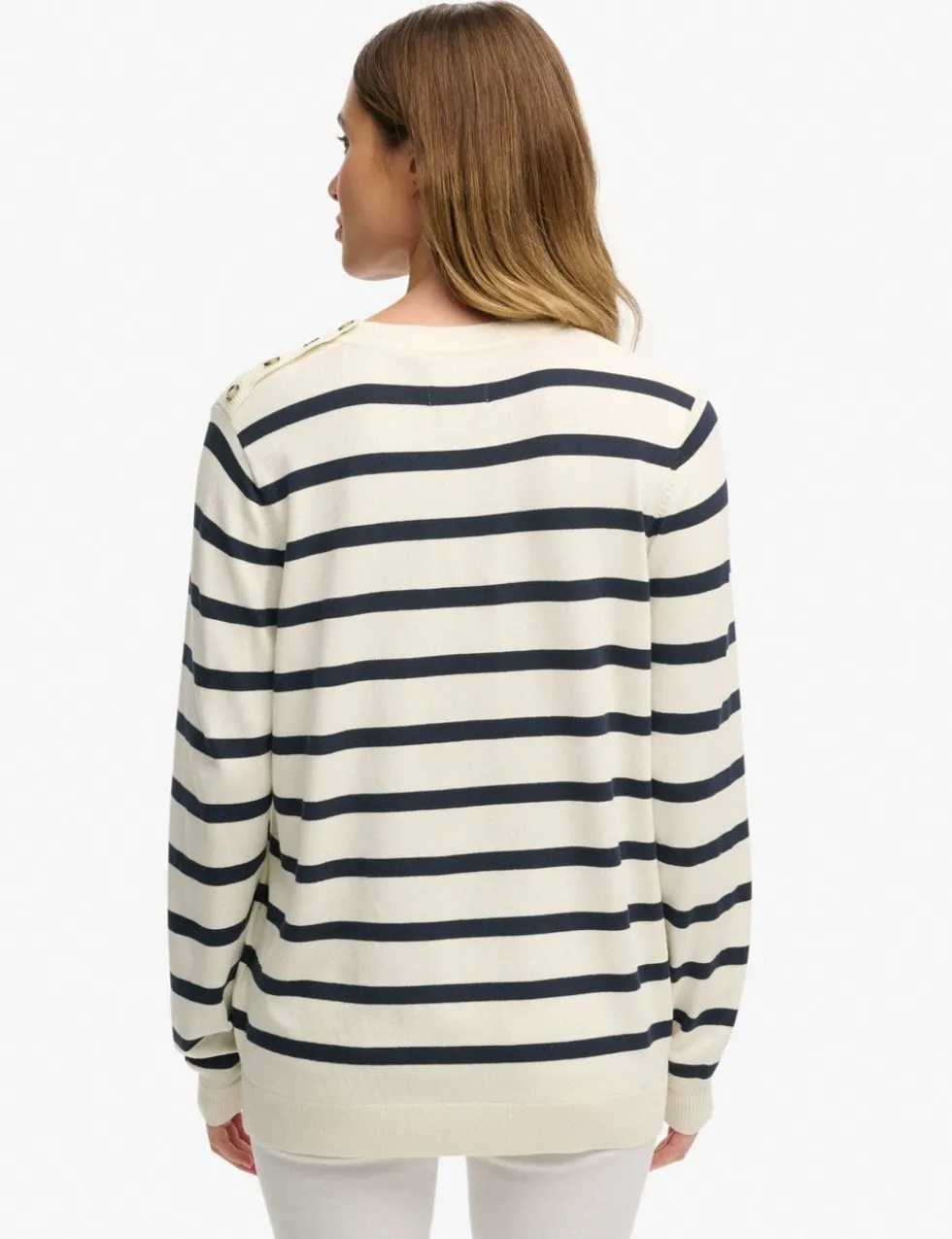 Striped Crew Neck Button Detail Jumper