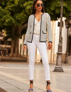 Striped Crew Neck Zip Through Cardigan