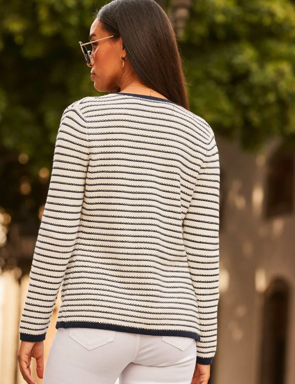 Striped Crew Neck Zip Through Cardigan