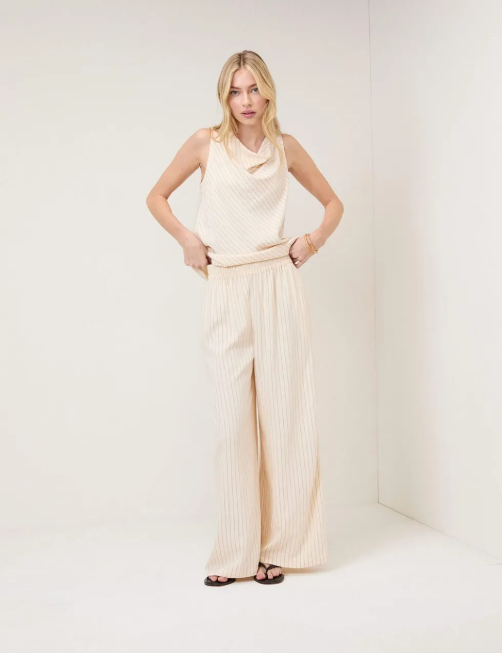 Striped Elasticated Waist Wide Leg Trousers