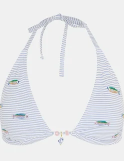 Striped Embroidered Triangle Bikini Top