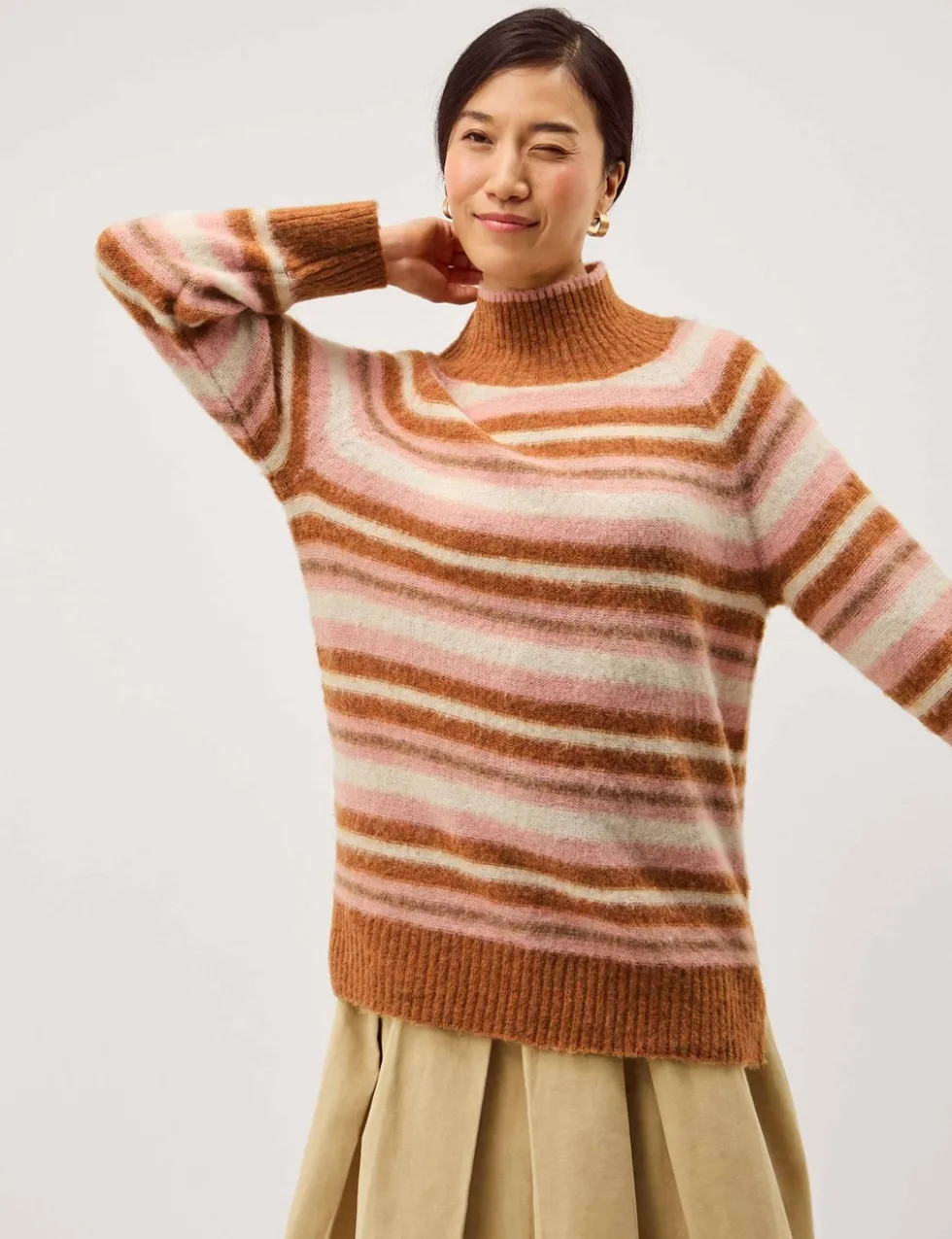 Striped Funnel Neck Longline Jumper with Wool