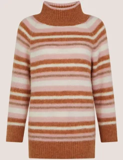 Striped Funnel Neck Longline Jumper with Wool