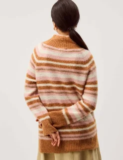 Striped Funnel Neck Longline Jumper with Wool