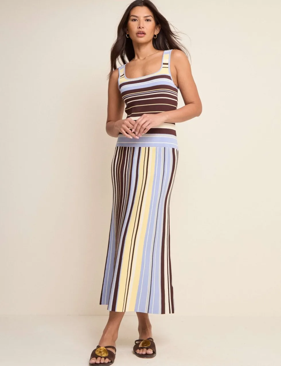 Striped Knitted Square Neck Midi Bodycon Dress