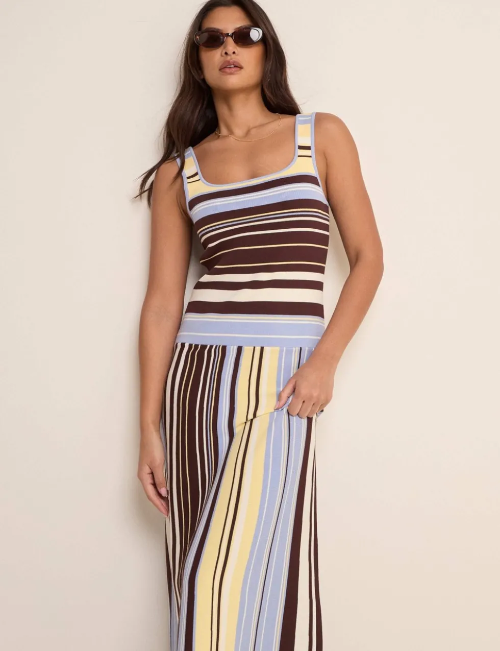 Striped Knitted Square Neck Midi Bodycon Dress