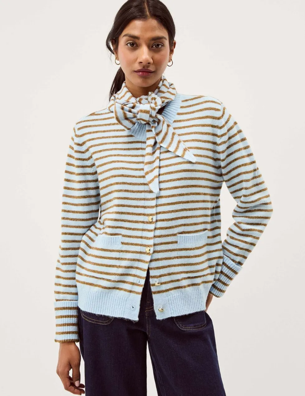 Striped Scarf Button Front Cardigan