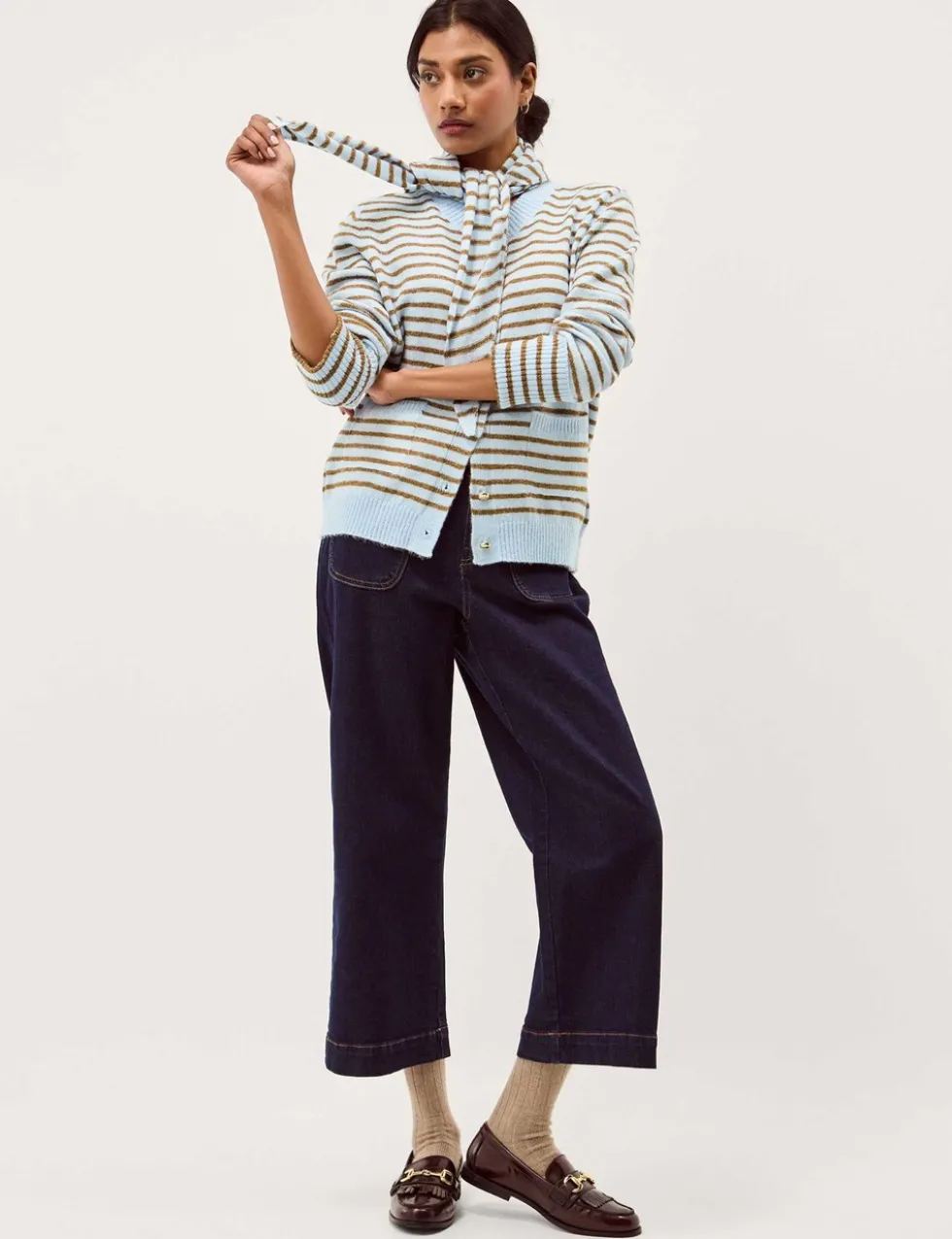 Striped Scarf Button Front Cardigan