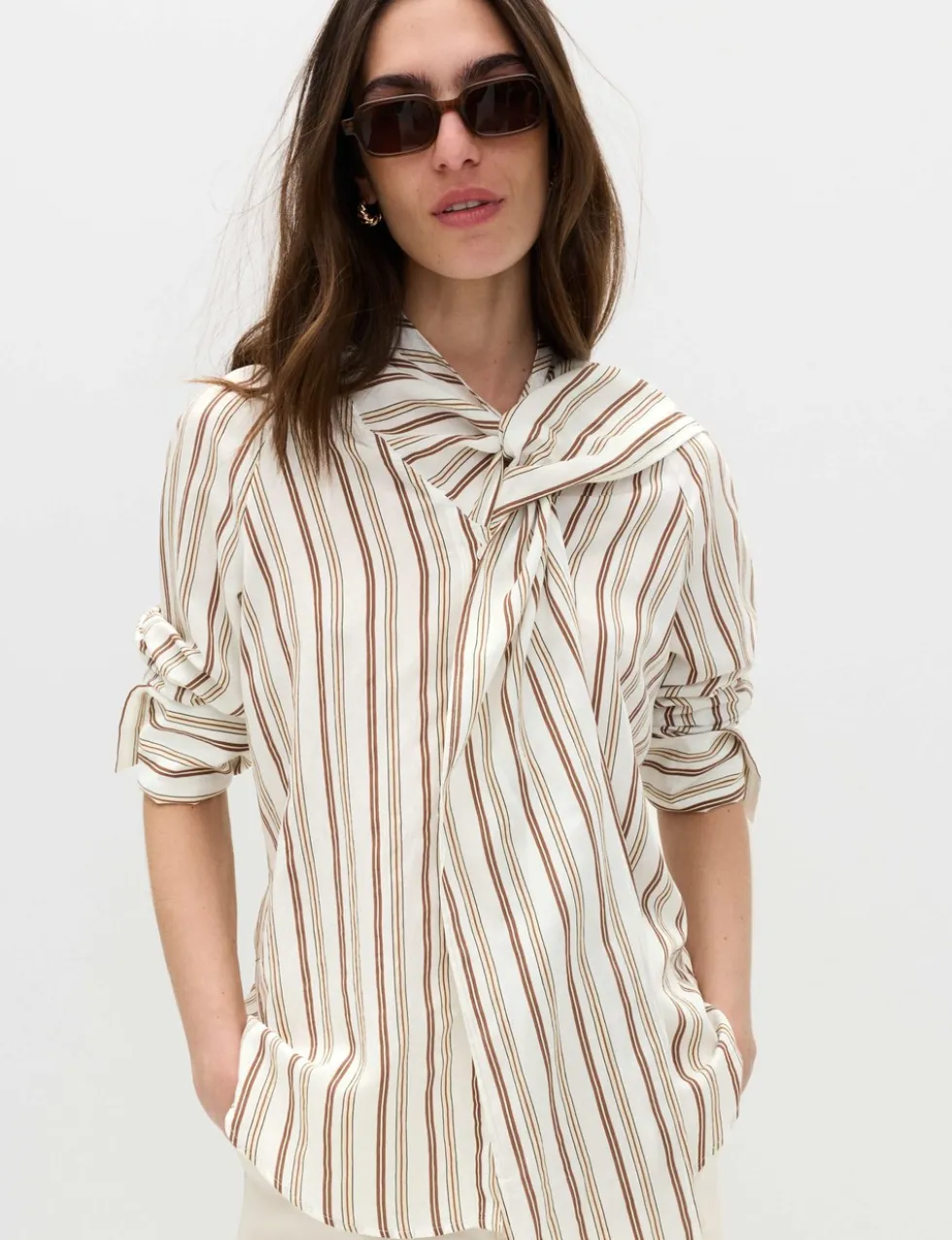 Striped Scarf Neck Detail Shirt