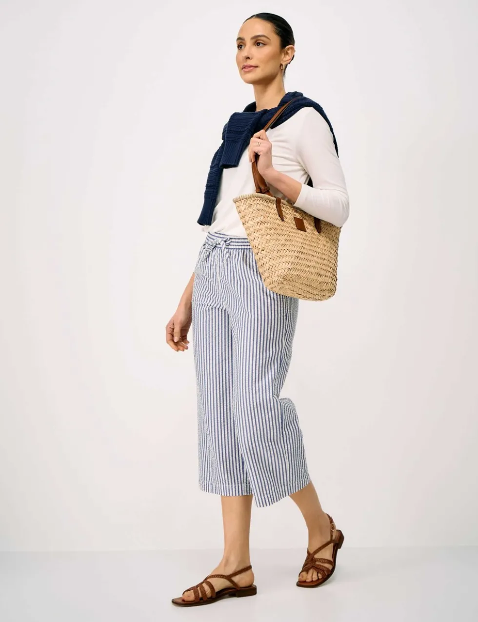 Striped Seersucker Wide Leg Cropped Trousers