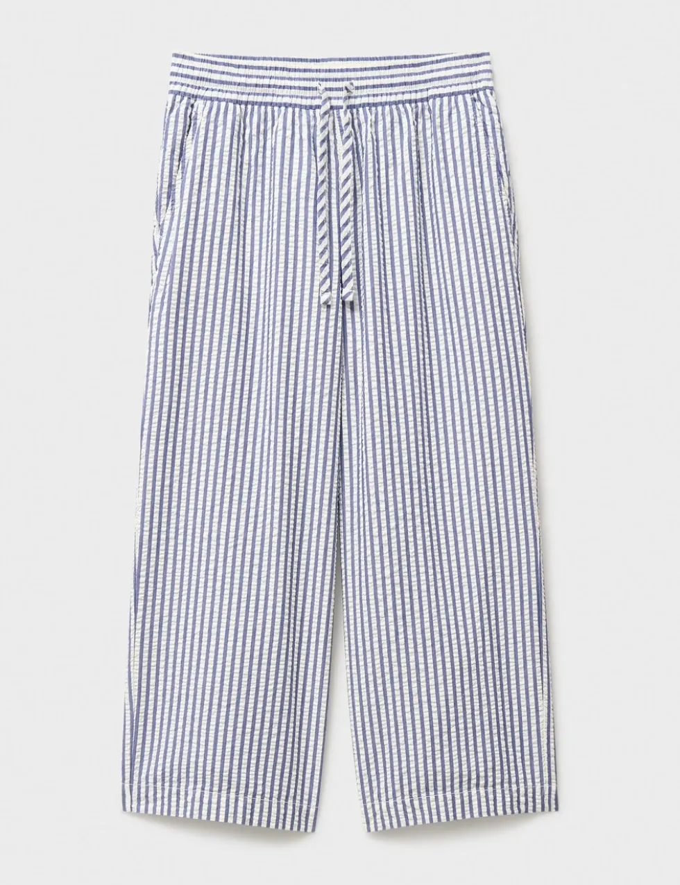 Striped Seersucker Wide Leg Cropped Trousers