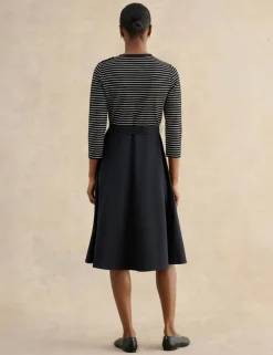 Striped Tie Waist Knee Length Skater Dress