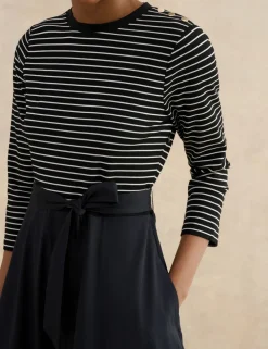 Striped Tie Waist Knee Length Skater Dress