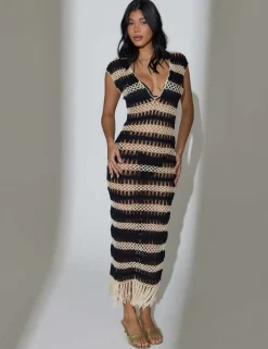Striped V-Neck Crochet Midi Beach Dress