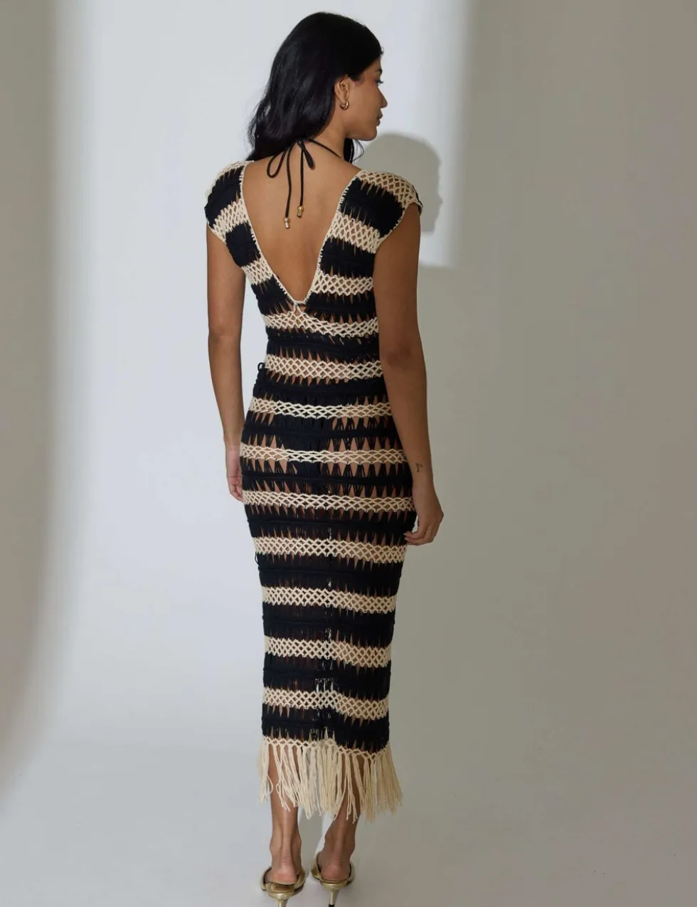 Striped V-Neck Crochet Midi Beach Dress