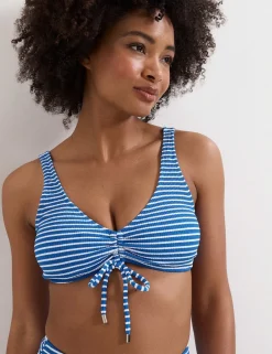 Striped V-Neck Drawstring Bikini Top