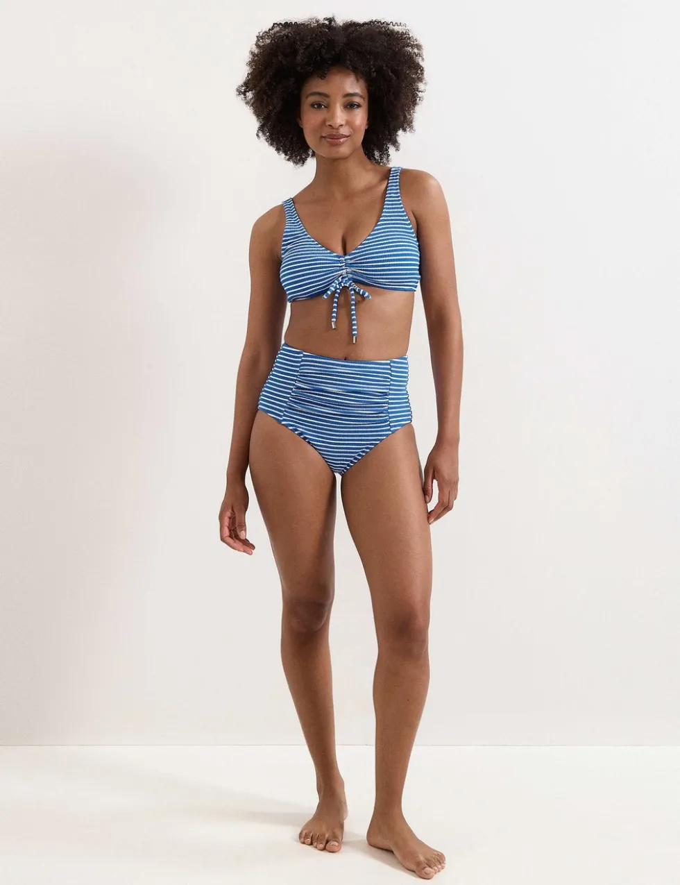 Striped V-Neck Drawstring Bikini Top