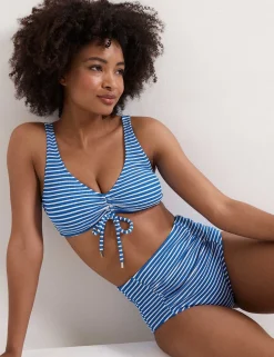 Striped V-Neck Drawstring Bikini Top