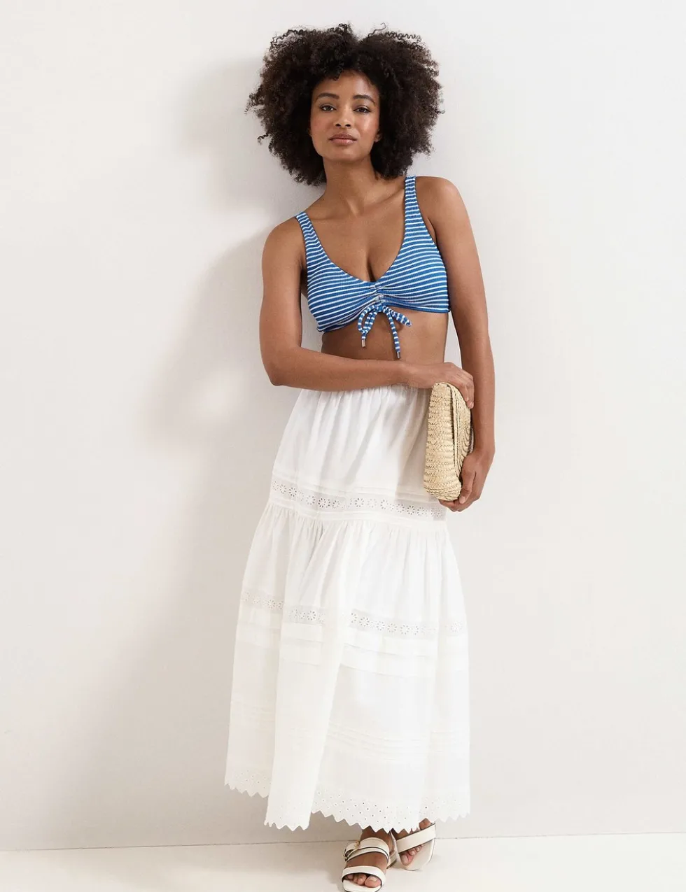 Striped V-Neck Drawstring Bikini Top