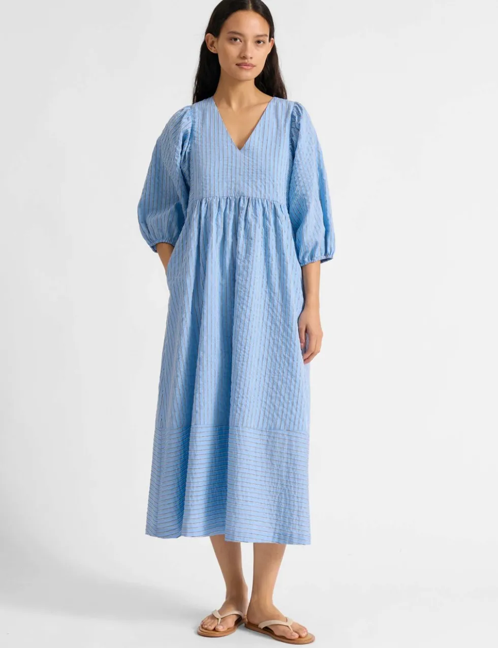 Striped V-Neck Midi Smock Dress