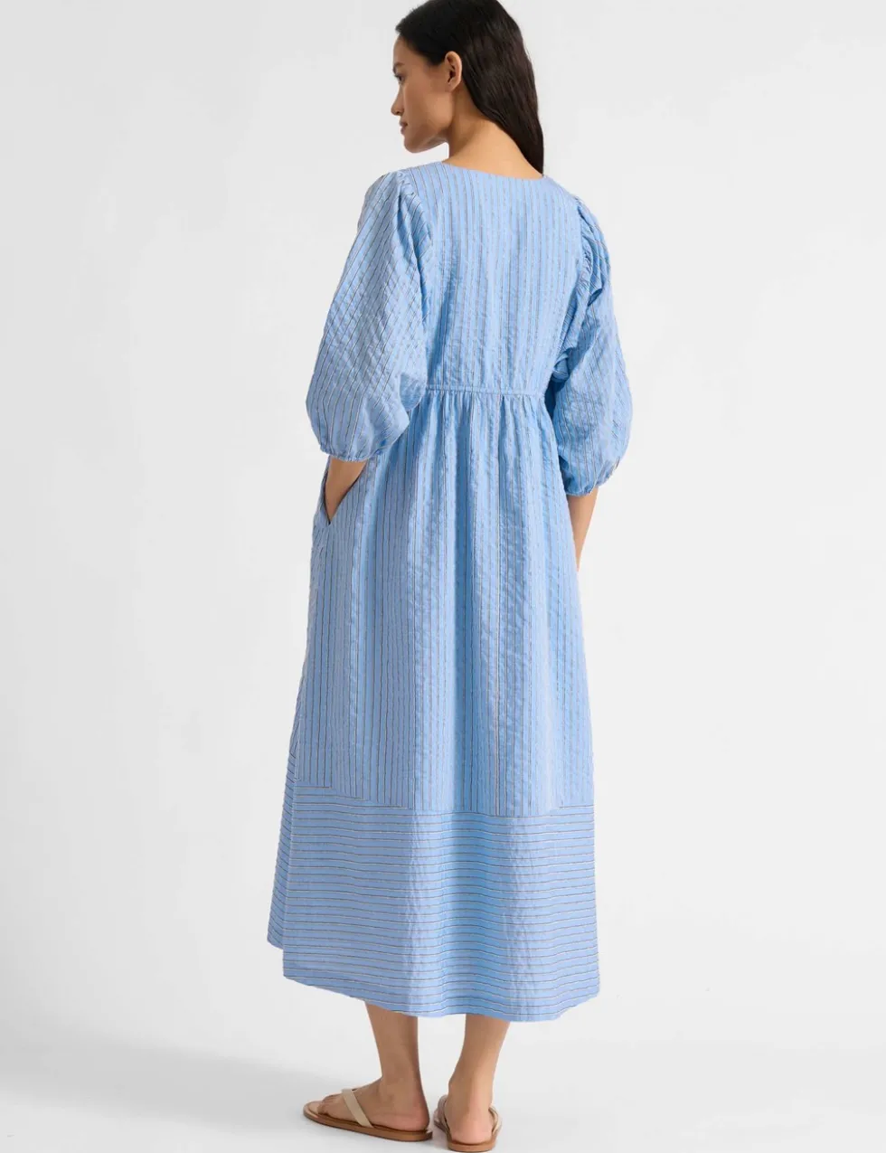 Striped V-Neck Midi Smock Dress