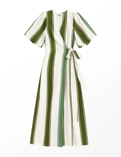 Striped V-Neck Midi Wrap Dress with Linen