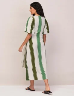 Striped V-Neck Midi Wrap Dress with Linen