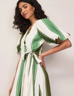 Striped V-Neck Midi Wrap Dress with Linen