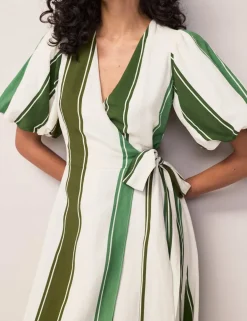 Striped V-Neck Midi Wrap Dress with Linen
