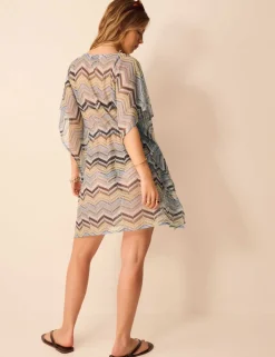 Striped V-Neck Tie Waist Mini Kaftan