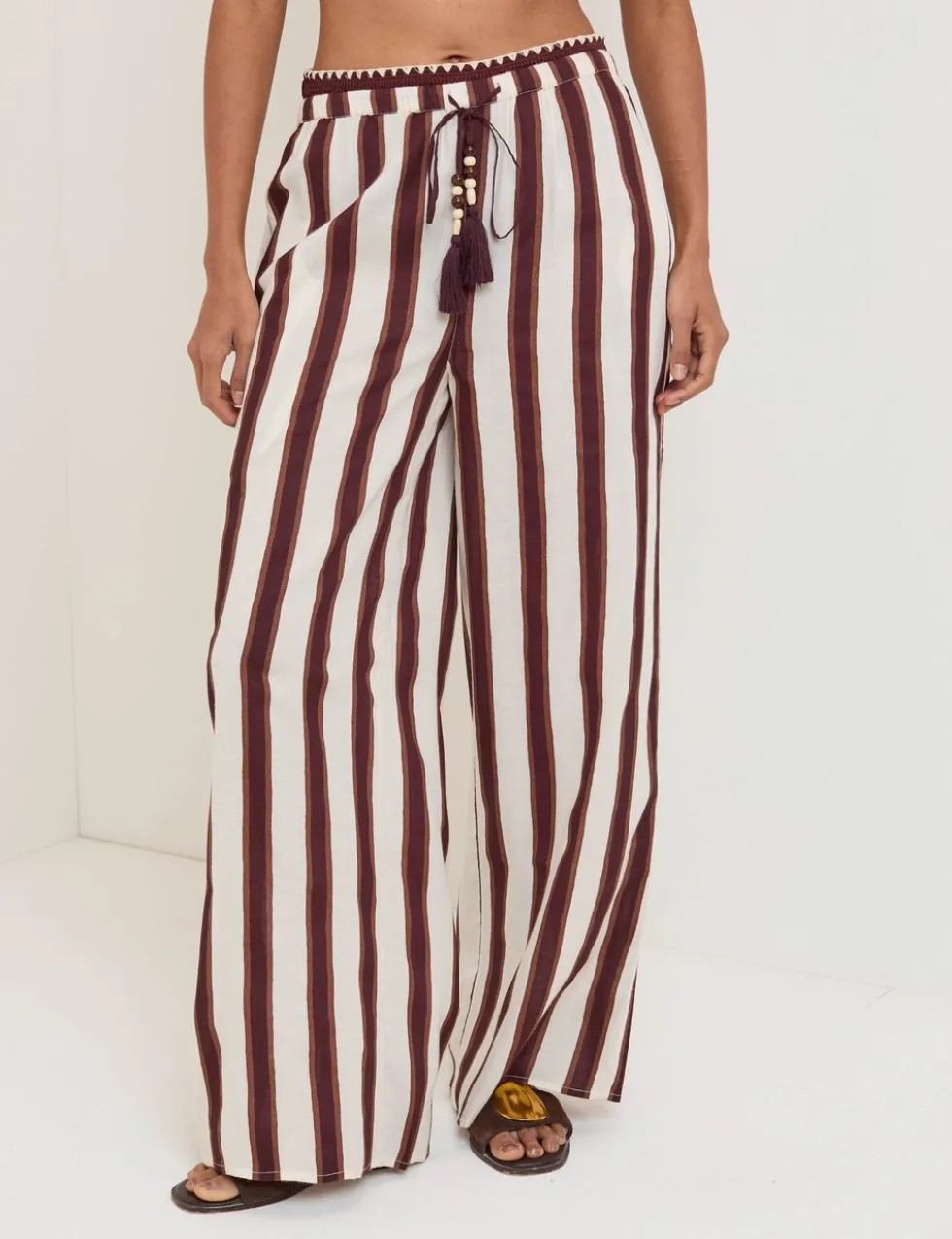 Striped Wide Leg Beach Trousers with Linen