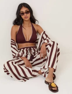 Striped Wide Leg Beach Trousers with Linen