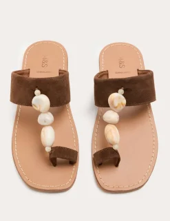 Suede Beaded Toe Post Mules