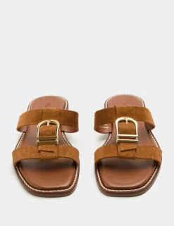 Suede Buckle Flat Mule Sandals