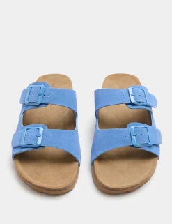 Suede Buckle Footbed Mules