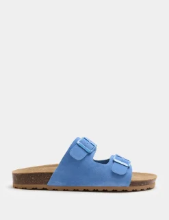 Suede Buckle Footbed Mules
